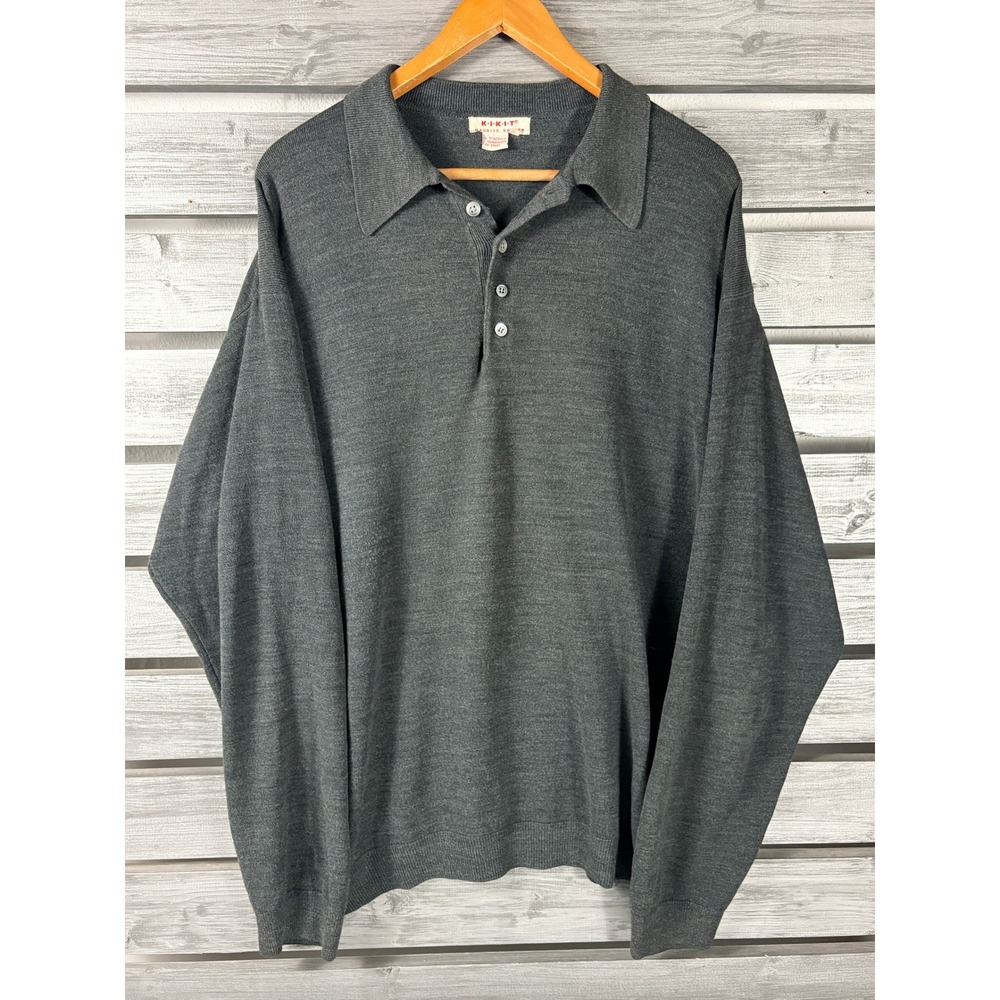 Vintage Kikit Maurice Sasson Gray Long Sleeve Polo Sweater Mens XL Acrylic Knit